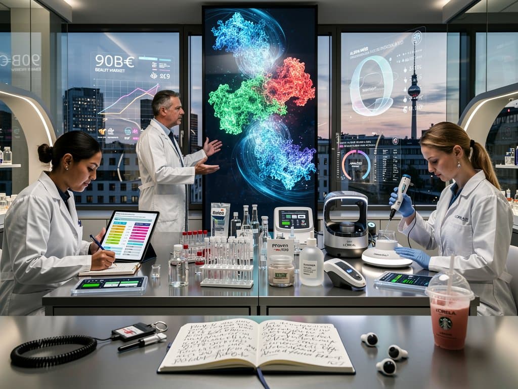 Futuristisches Beauty-Tech-Labor mit AlphaFold 3 Proteinmodellen, Seren von dm bis Douglas und KI-Datenvisualisierungen.