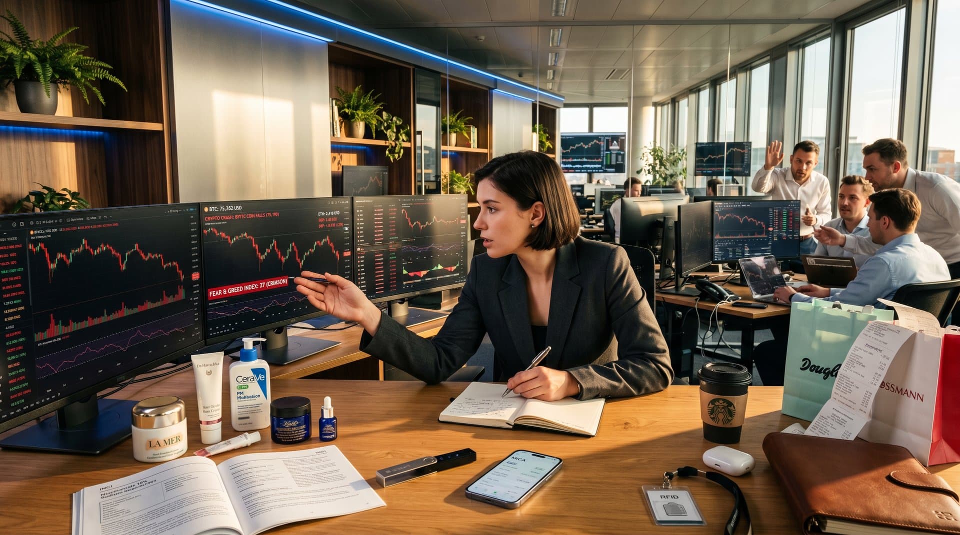 Bitcoin unter 80.000 Dollar Charts mit Skincare-Produkten und Fear & Greed Index 27