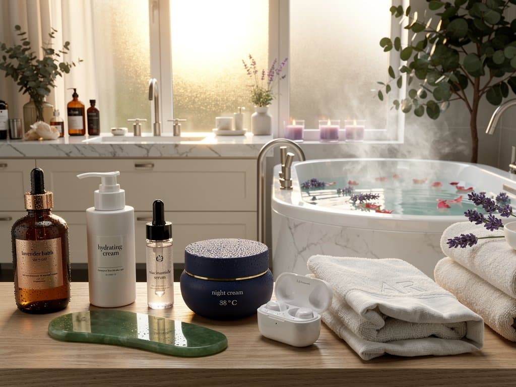 Badewanne mit Lavendelöl und Beauty-Produkten, Smartphone mit KI-App im Hintergrund
