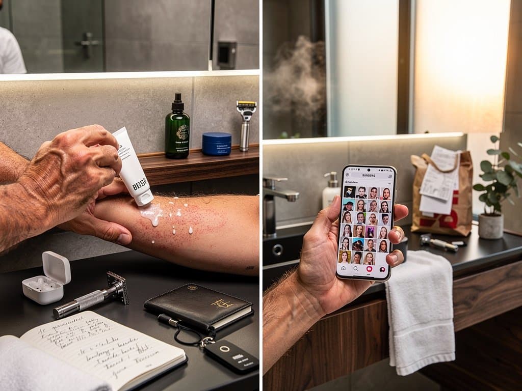 Hände wenden Herrenpflege an neben AI-gefiltertem Selfie-Bildschirm in Badezimmer