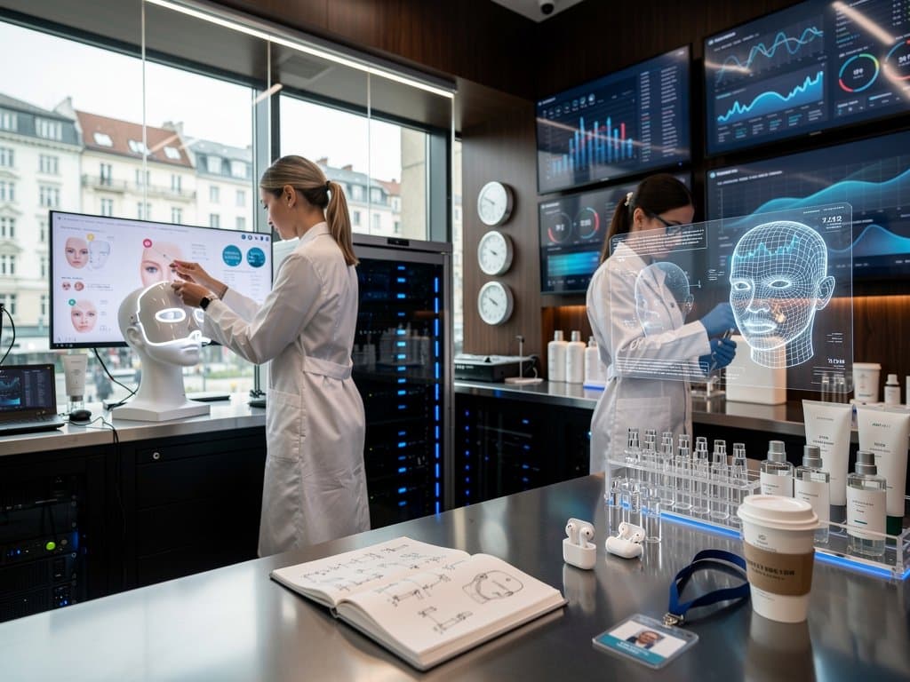 AI Beauty Tech Labor mit LED-Maske, Analysen und Finanzcharts