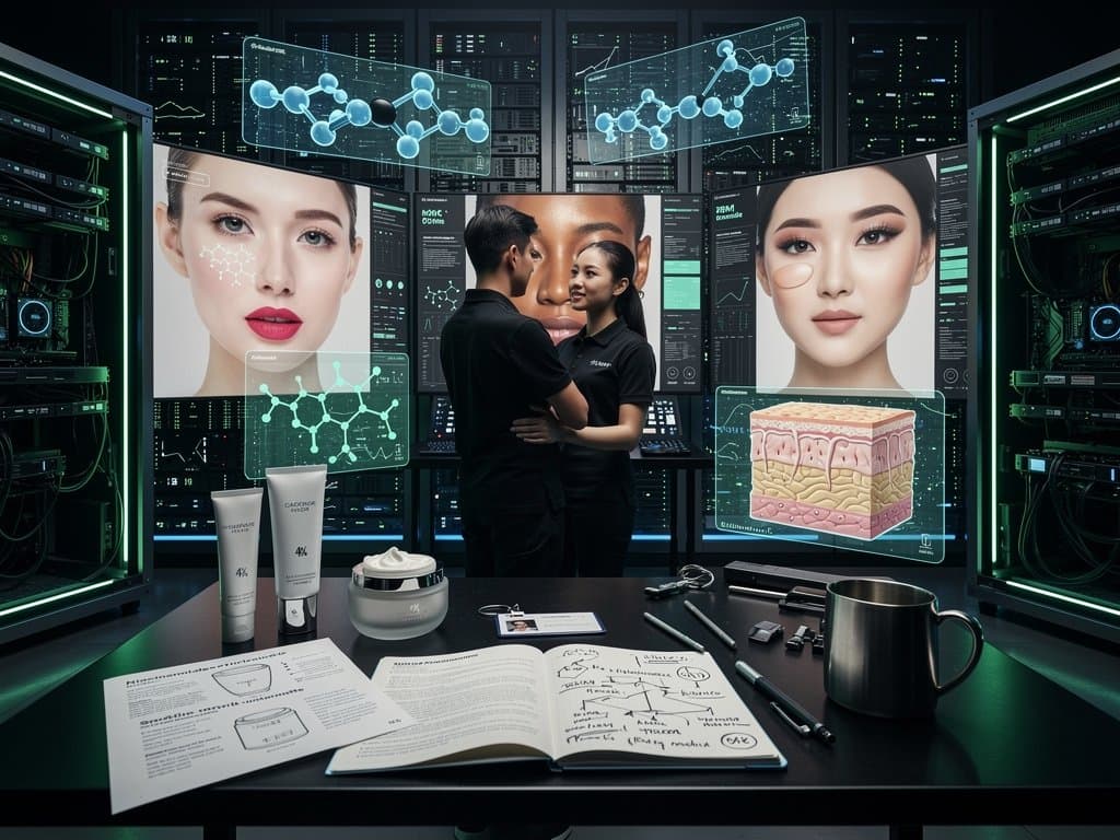 Monitore mit Virtual-Try-On-Software, Hautanalyse-Diagramme und AI-Server in modernem Beauty-Tech-Labor