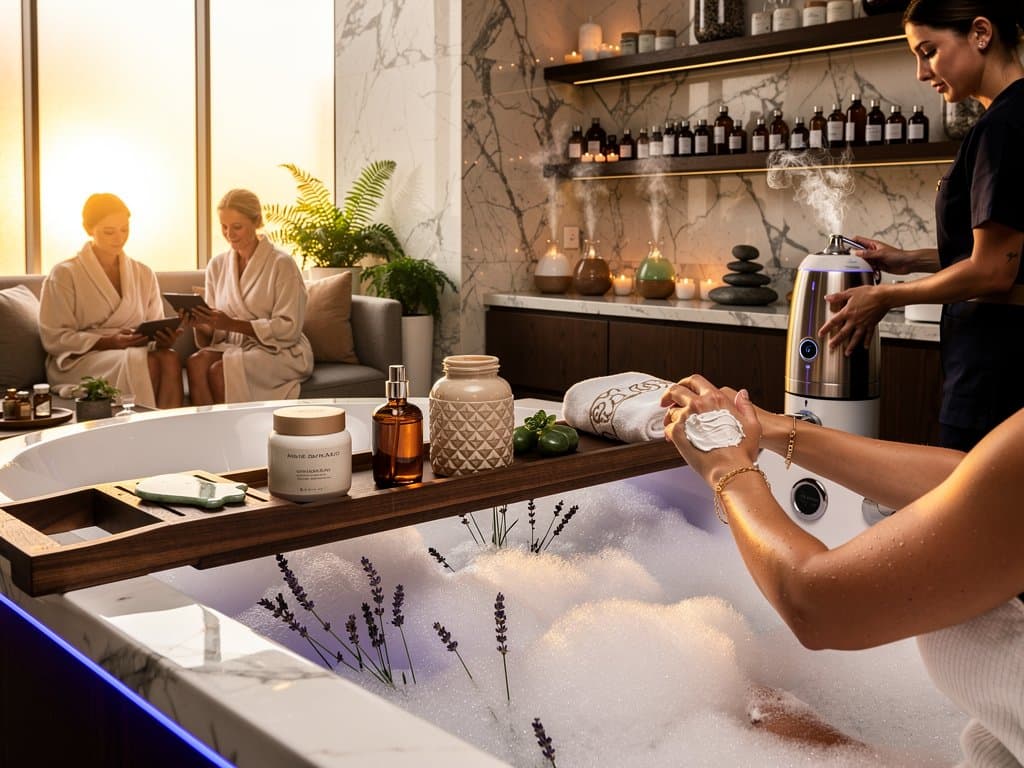 Dampfende Badewanne mit Lavendelöl und Hände, die Bodylotion einmassieren, in spa-ähnlicher Atmosphäre