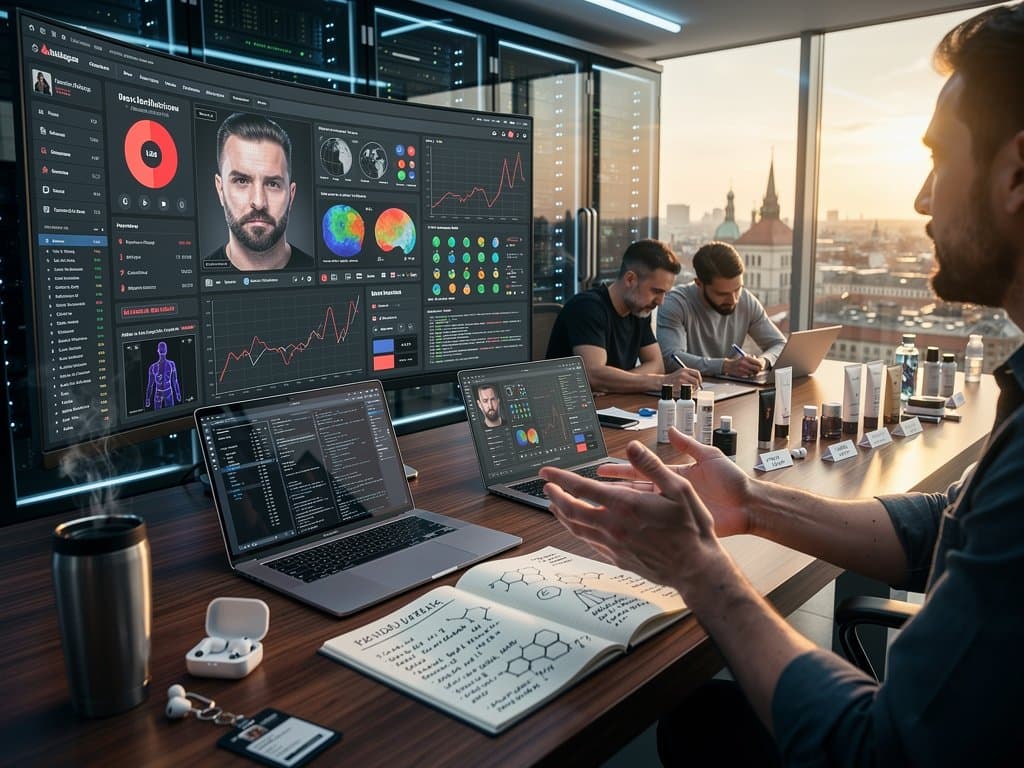 KI-Labor mit Haut-Scans, Crypto-Charts, INCI-Listen und Warnsymbole