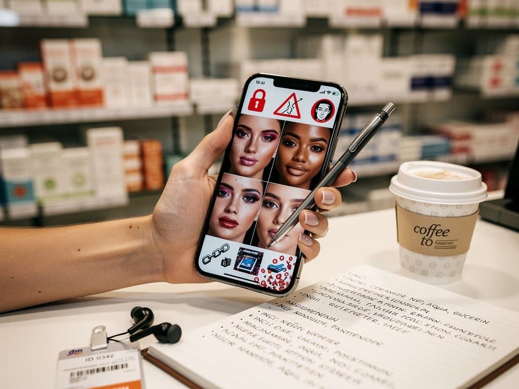 Smartphone mit AR-Make-up-Try-On, Scam-Warnungen und dm-Drogerie-Produkten im cyberpunk-Stil