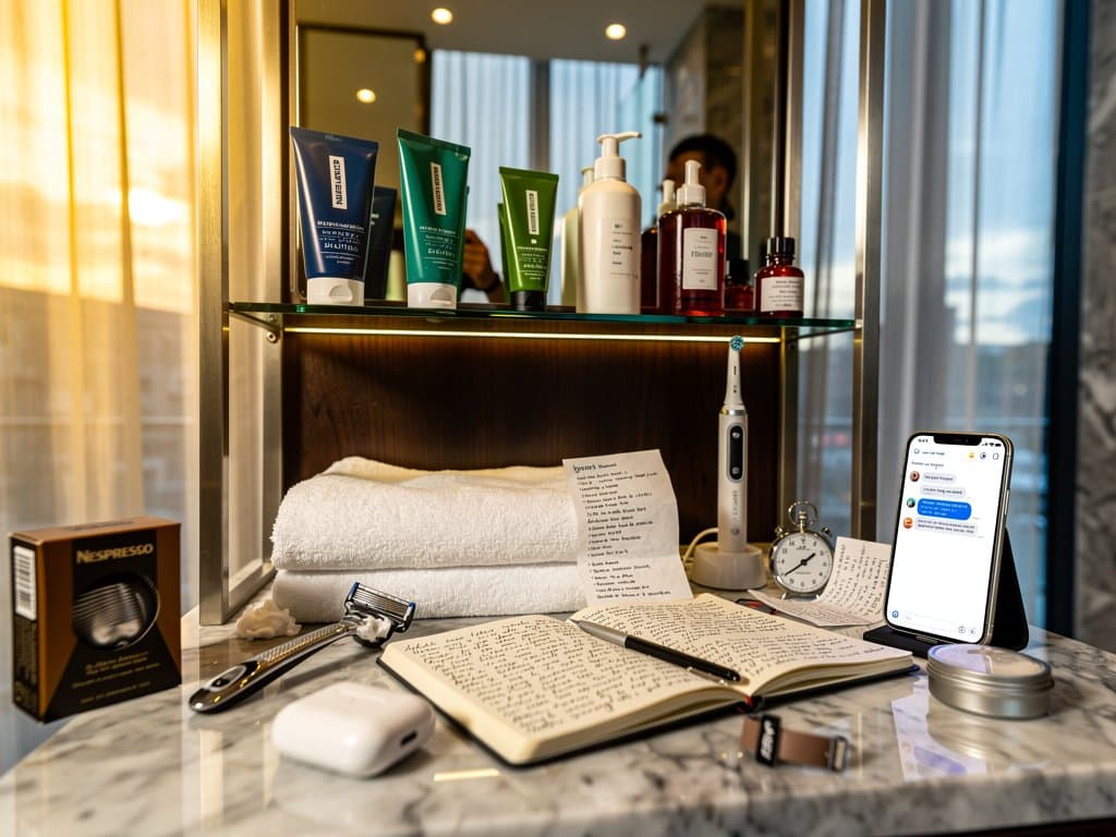 Herrenpflegeprodukte auf Regal neben Smartphone mit KI-Autismus-Warnung, minimalistisch