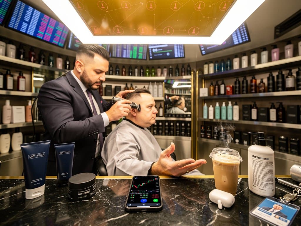 Grooming-Salon mit Crypto-Charts, INCI-Produkten und KI-Fraud-Alerts
