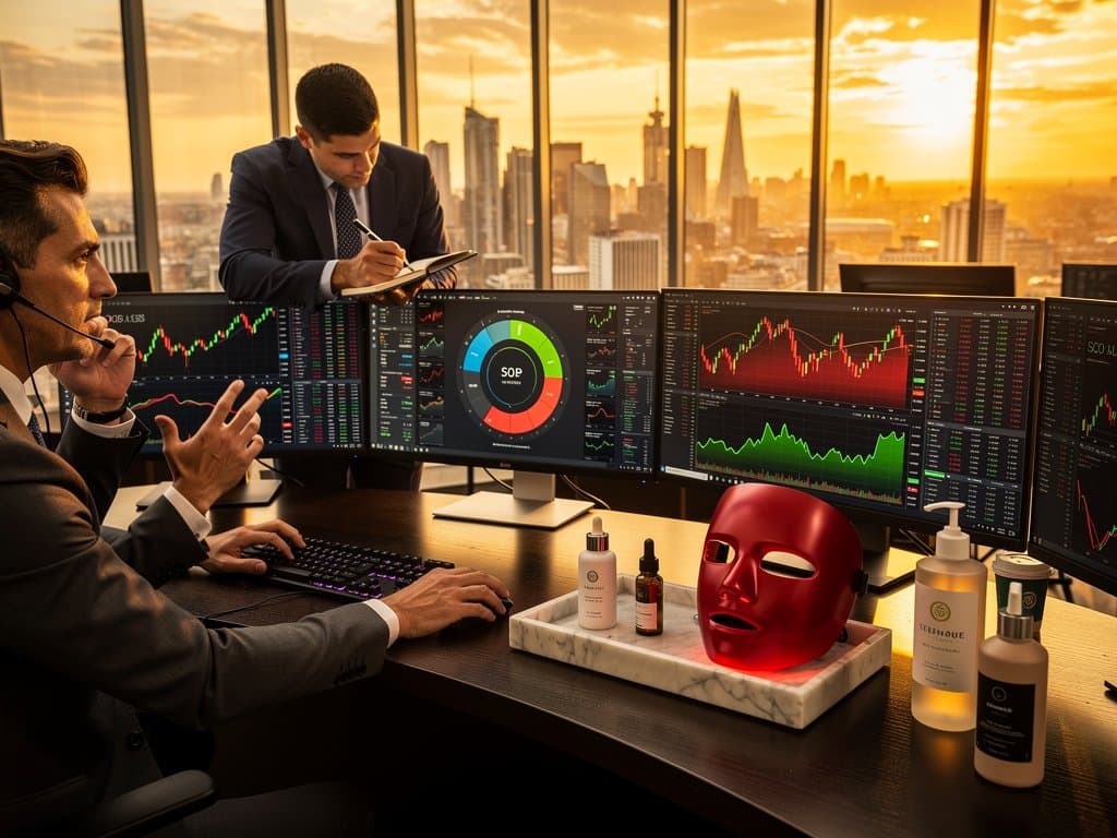 Trader an Multi-Monitors mit XRP-Charts und Skincare-Produkt auf Desk in Bank-Trading-Lounge mit Glaswänden