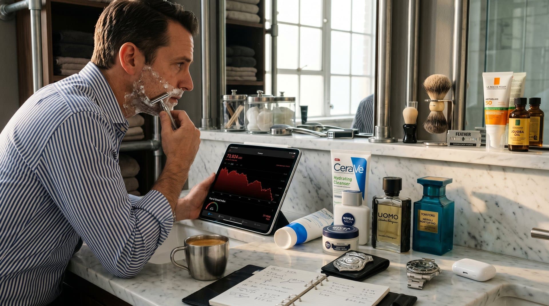 Grooming-Station mit Bitcoin-Chart bei 73.924 USD und Fear & Greed 27