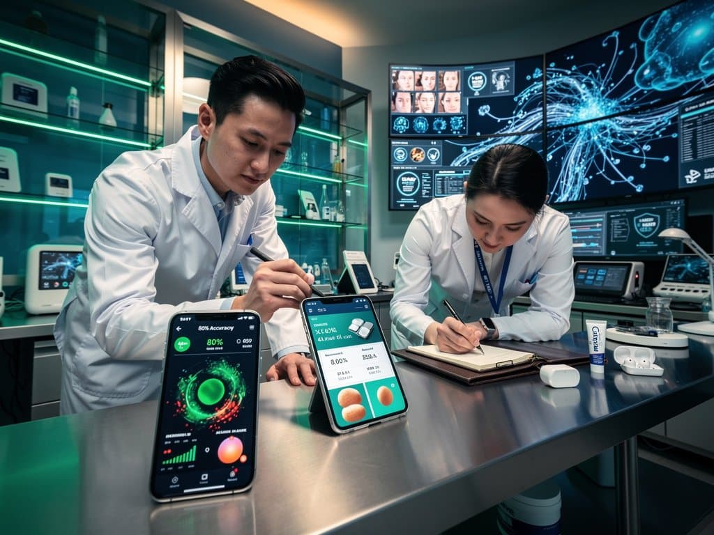 KI-Hautanalysen auf High-Tech-Monitore in Beauty-Tech-Labor mit App-Screenshots, Diagrammen, 80% Accuracy und INCI-Listen