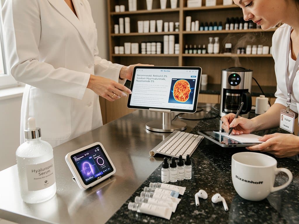 KI-Scribe-App auf Tablet in moderner Beauty-Klinik mit INCI-Listen, Hautscans und Premium-Pflegeprodukten