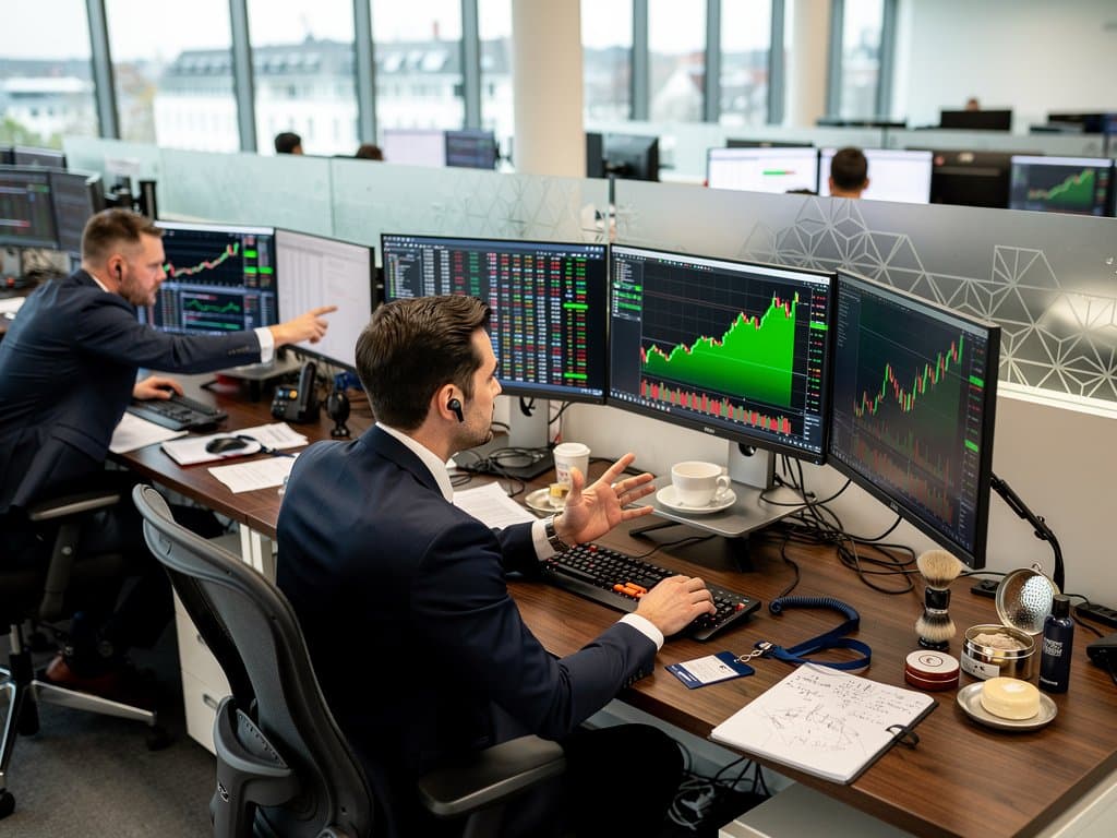 Trading-Desk mit XRP- und BTC-Charts sowie Premium-Herrenpflege-Produkten in Bankumgebung