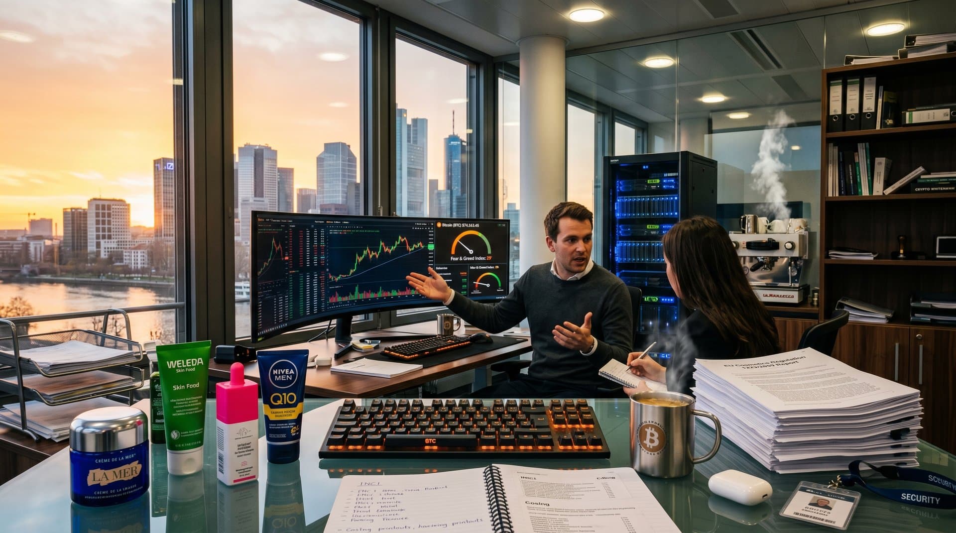 Crypto-Charts mit BTC 74.363 USD und Luxus-Grooming-Produkten in High-End-Büro