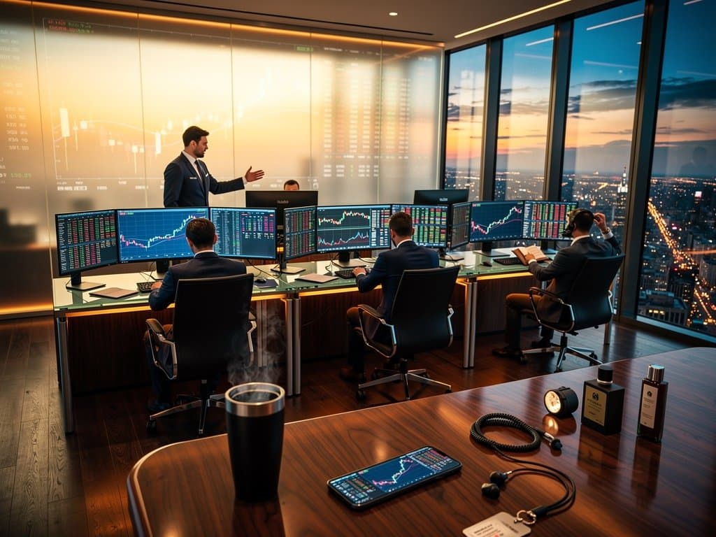 Crypto-Trading-Desk mit BTC-Charts bei 74k USD, Fear & Greed Index und Luxus-Beauty-Produkten