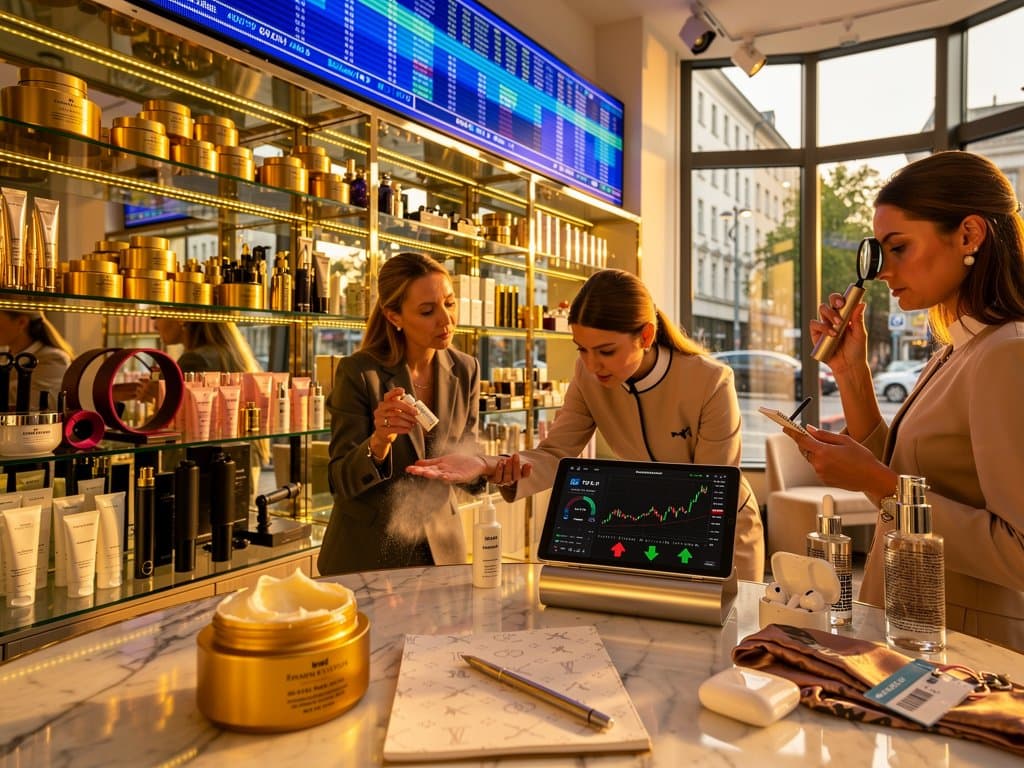 Luxus-Beauty-Boutique mit XRP-Charts bei 1,41 $, La Mer und Tech-Elementen