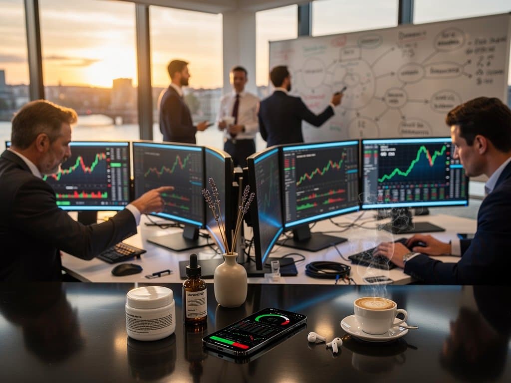 Trading-Terminal mit Krypto-Charts, Fear & Greed Index und Luxus-Beauty-Produkten auf Frankfurter Finance-Floor