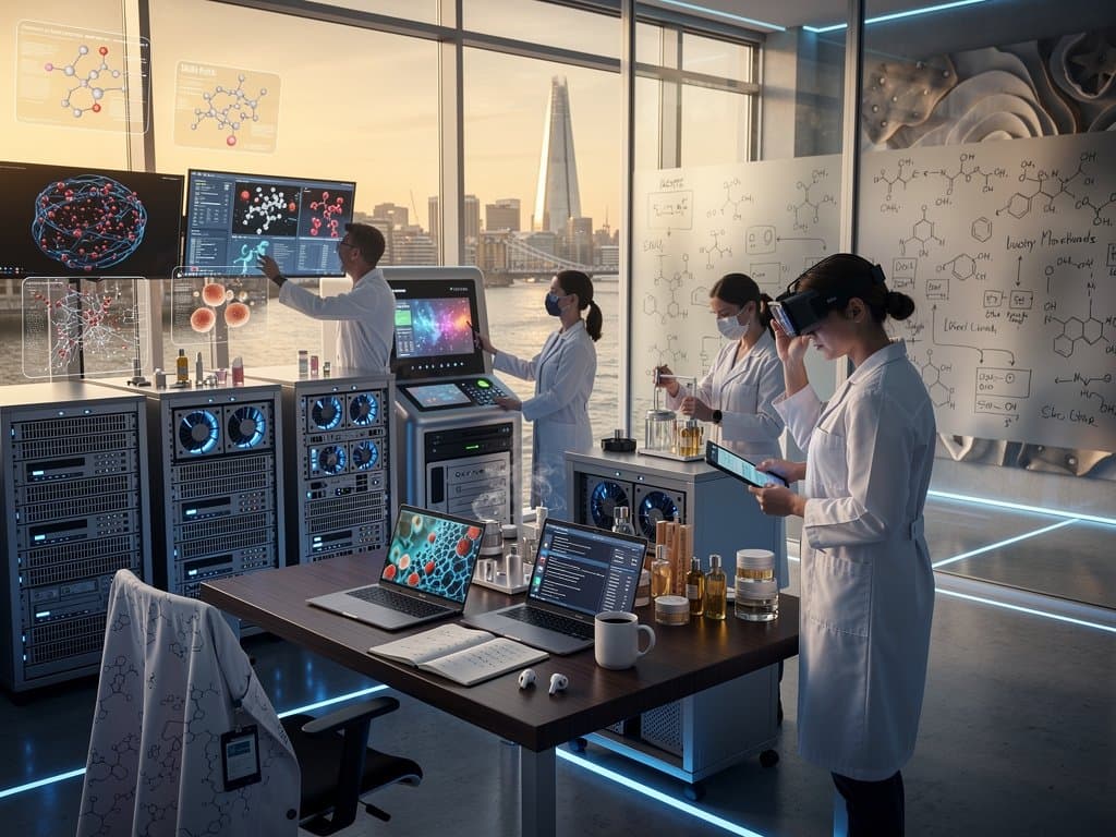 Modernes AI-Labor mit Servern, Monitoren und Molekülvisualisierungen in Londoner Tech-Hub