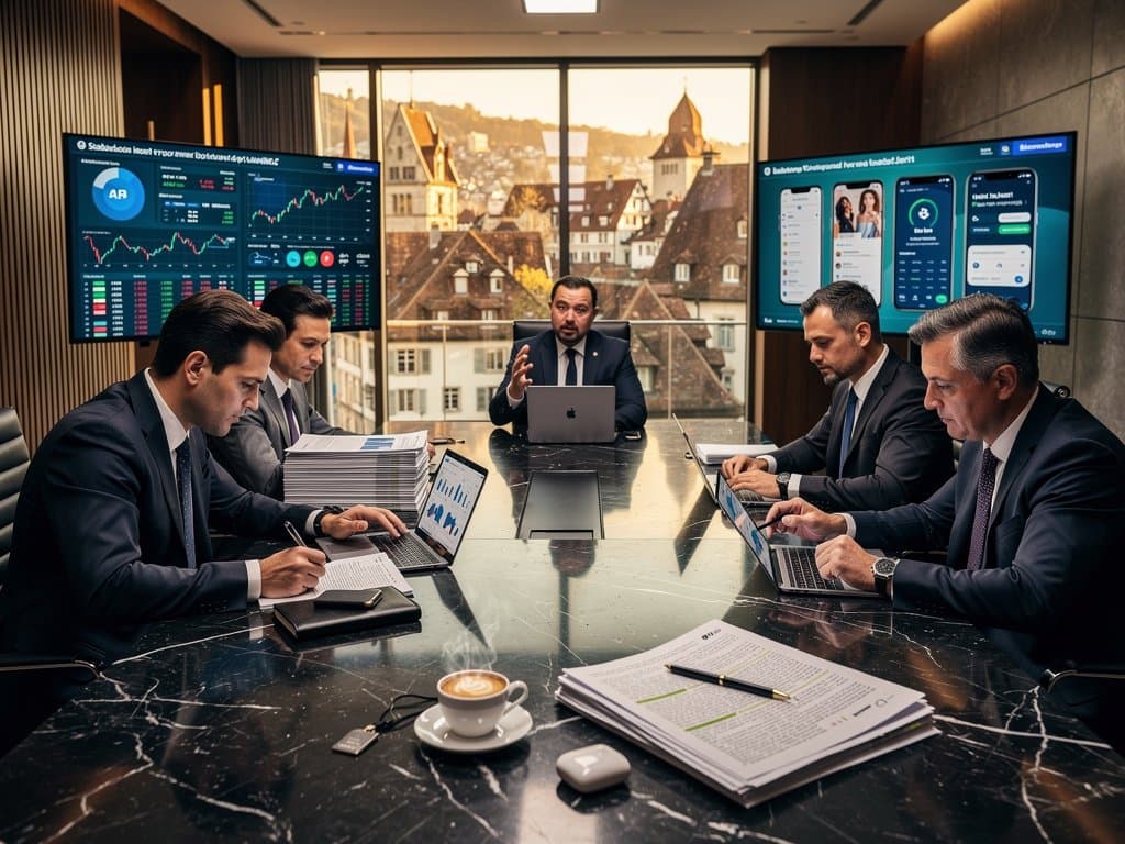 BIS-Konferenzraum mit Stablecoin-Charts, Berichten und Finanzmonitoren