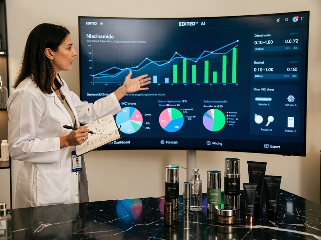 KI-Dashboard mit Beauty-Trends, INCI-Analysen und Verkaufsdaten im modernen Labor