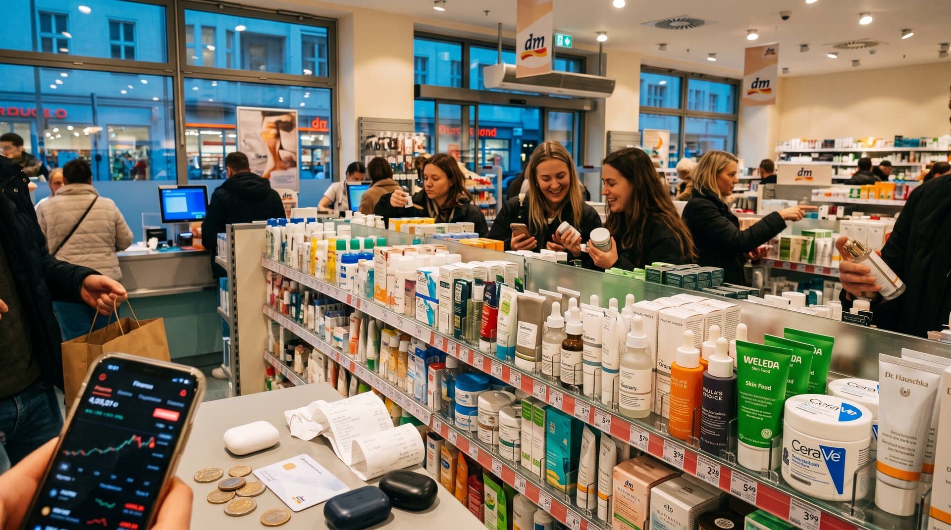 dm-Regal mit Beauty-Produkten, USDT-Chart und Fear & Greed 29 auf Smartphone neben Euro und Douglas-Tüte