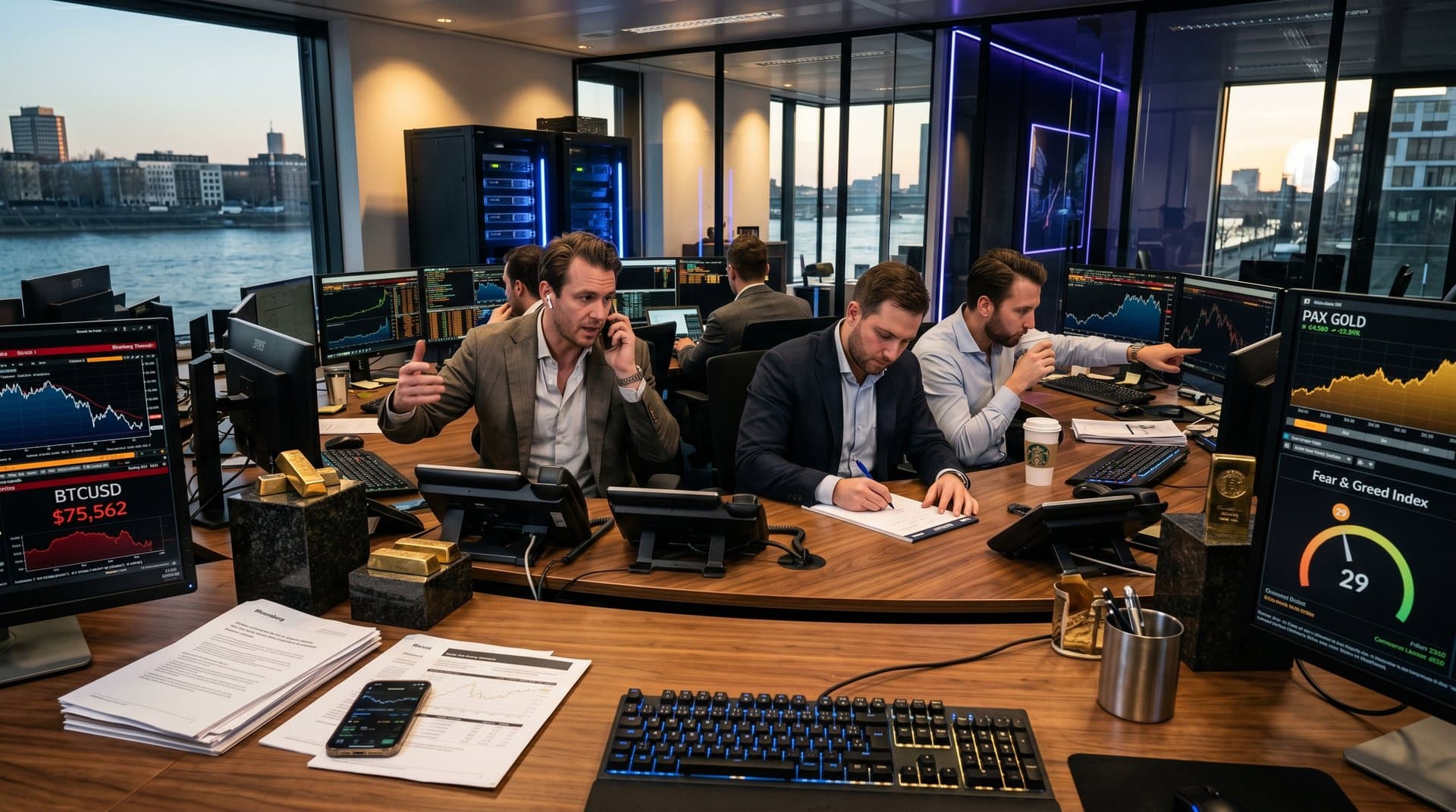 Trading-Desks mit BTC- und Gold-Crypto-Charts, Fear Index 29