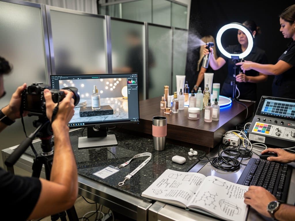 KI-Tool-Monitor in Studio mit Beauty-Produkten, Lichtern und Screens im Hintergrund