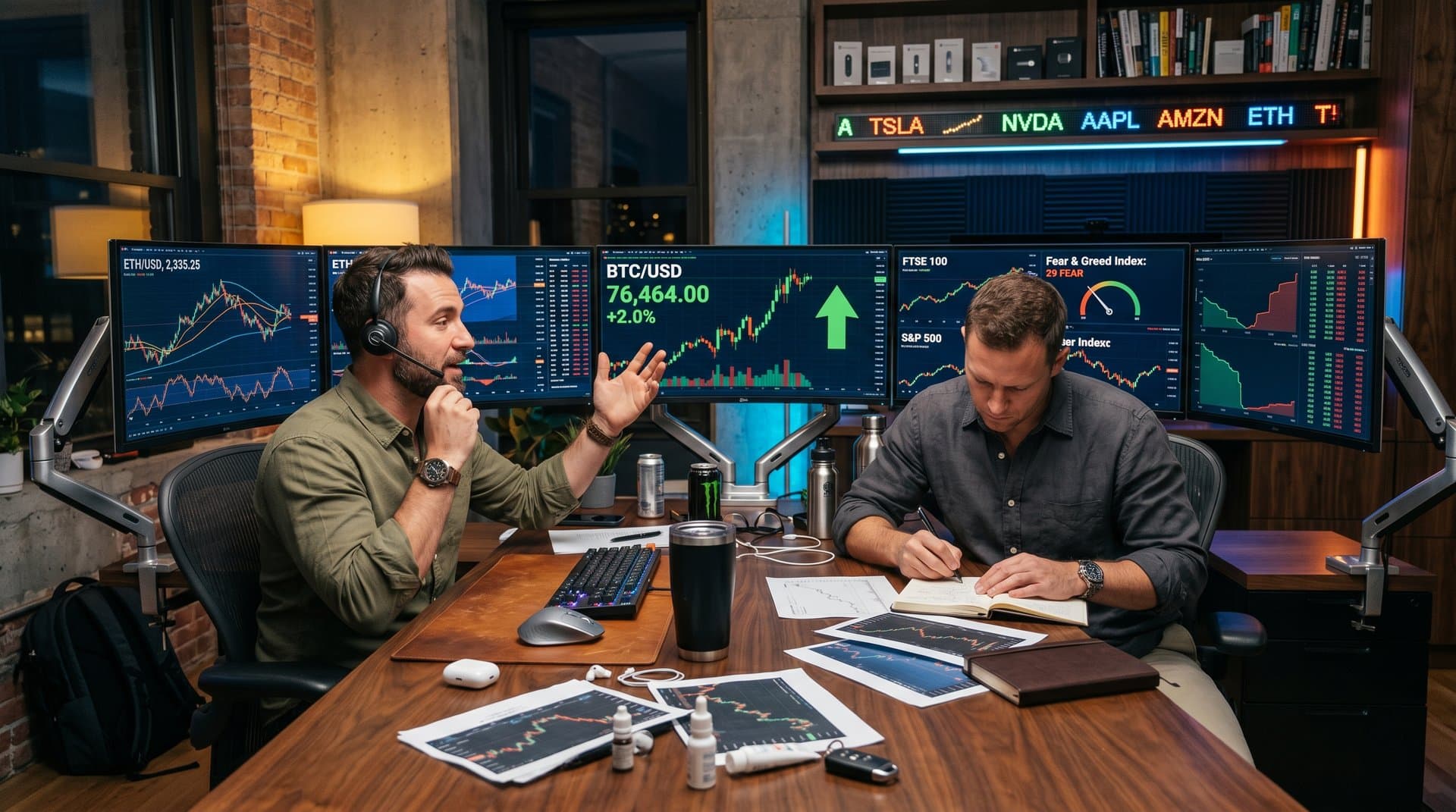 Trading-Desk mit Krypto-Charts BTC 76.464 USD, Fear & Greed 29 und Schönheitsprodukten wie Niacinamid-Serum