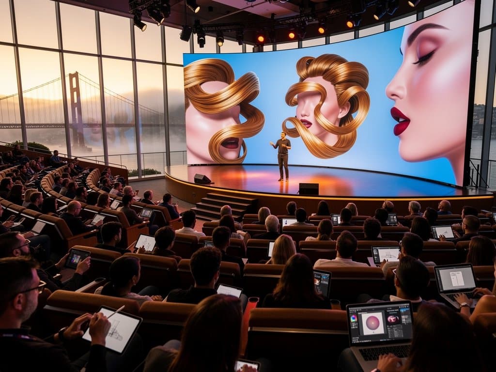Keynote bei Adobe MAX: AI-Beauty-Designs auf Riesenschirm, Designer-Publikum in modernem Auditorium mit Tech-Setups
