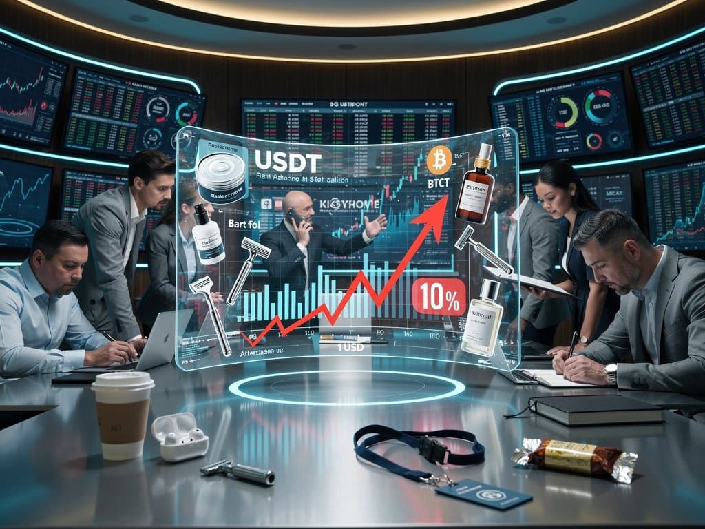 Abstraktes Finanz-Dashboard mit USDT-Charts, Grooming-Kostenanstieg und BIS-Logo