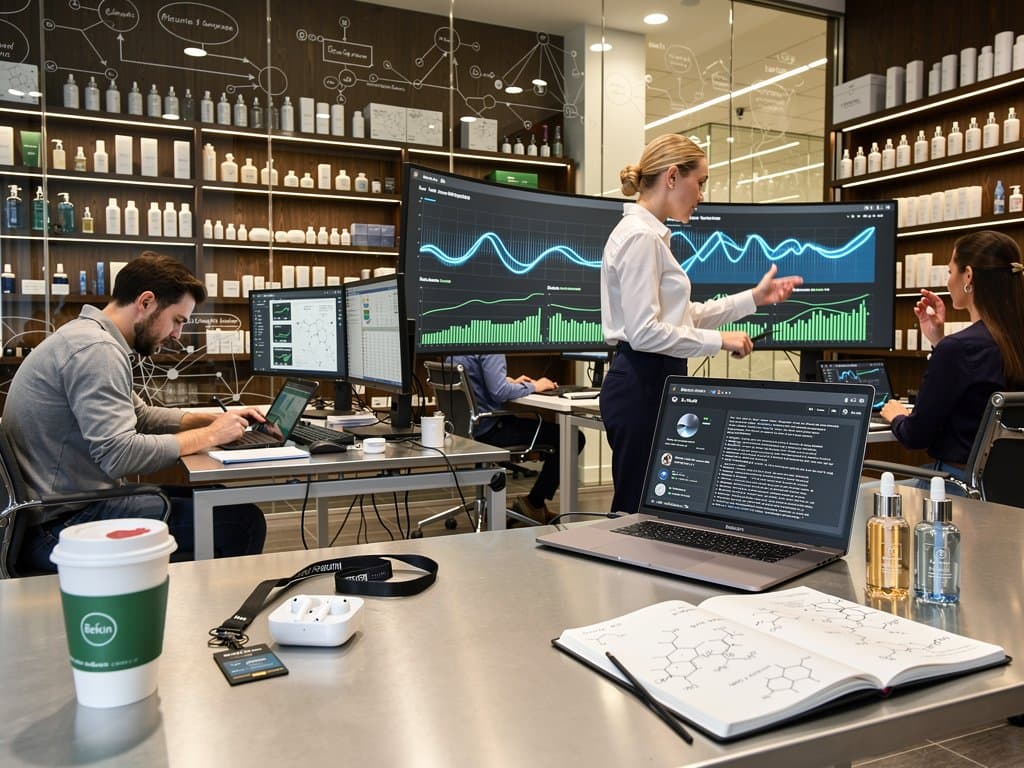 AI-Dashboard mit Beauty-Supply-Chain-Daten: Prognosen für Skincare und Grooming in modernem Tech-Büro
