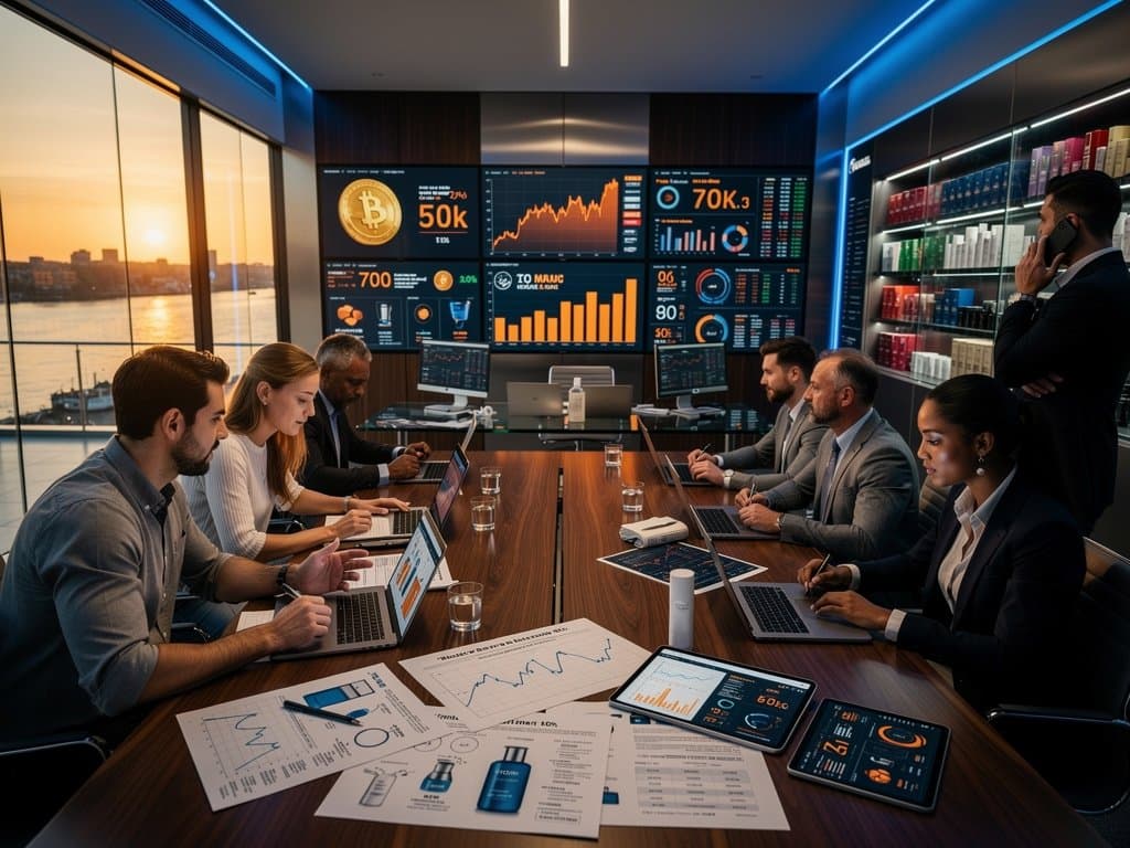 USDT-Charts, Stablecoins Risiken und Beauty-Produkte in high-tech Finanzbüro mit Rheinblick