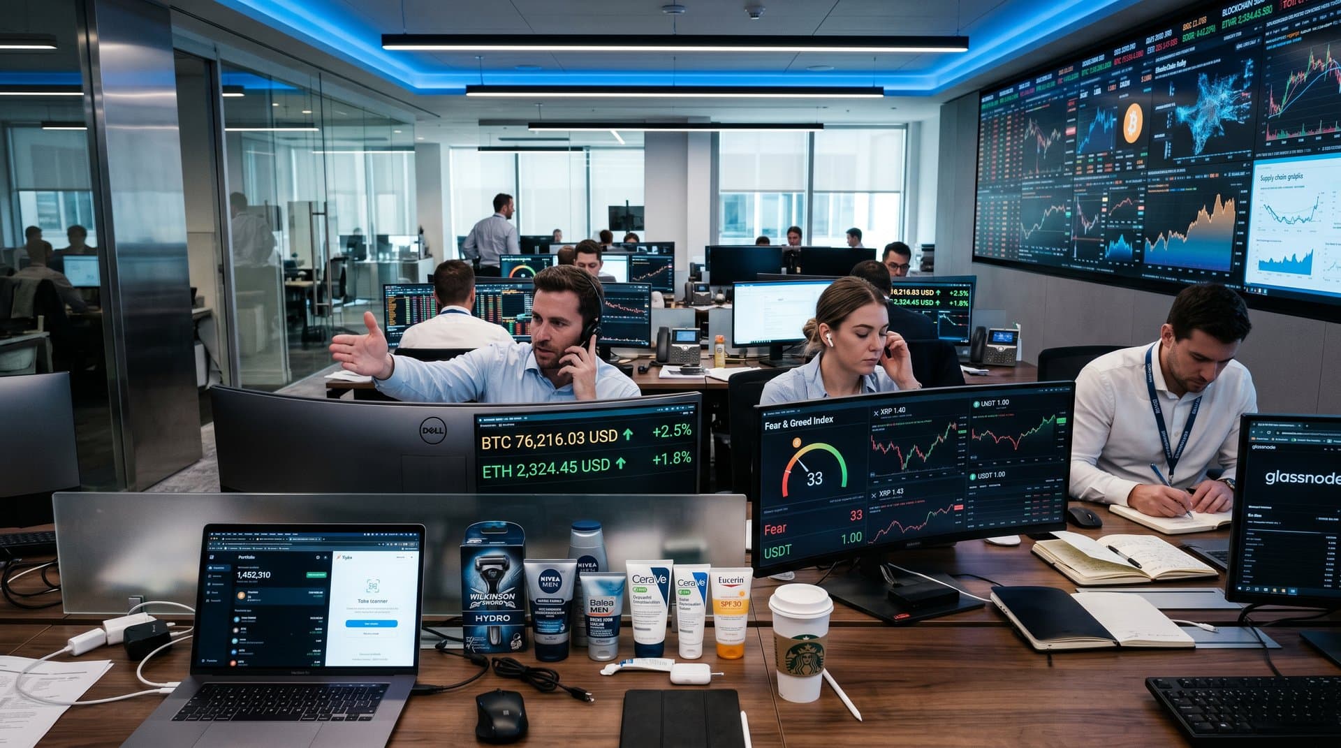 Trading-Desk mit Crypto-Charts BTC 76.216 USD, Grooming-Produkten, Fear & Greed Index 33