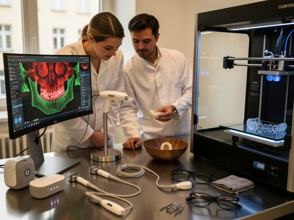 KI-Röntgenanalyse mit Heatmaps in modernem Dental-Labor, Scanner und 3D-Drucker im Fokus