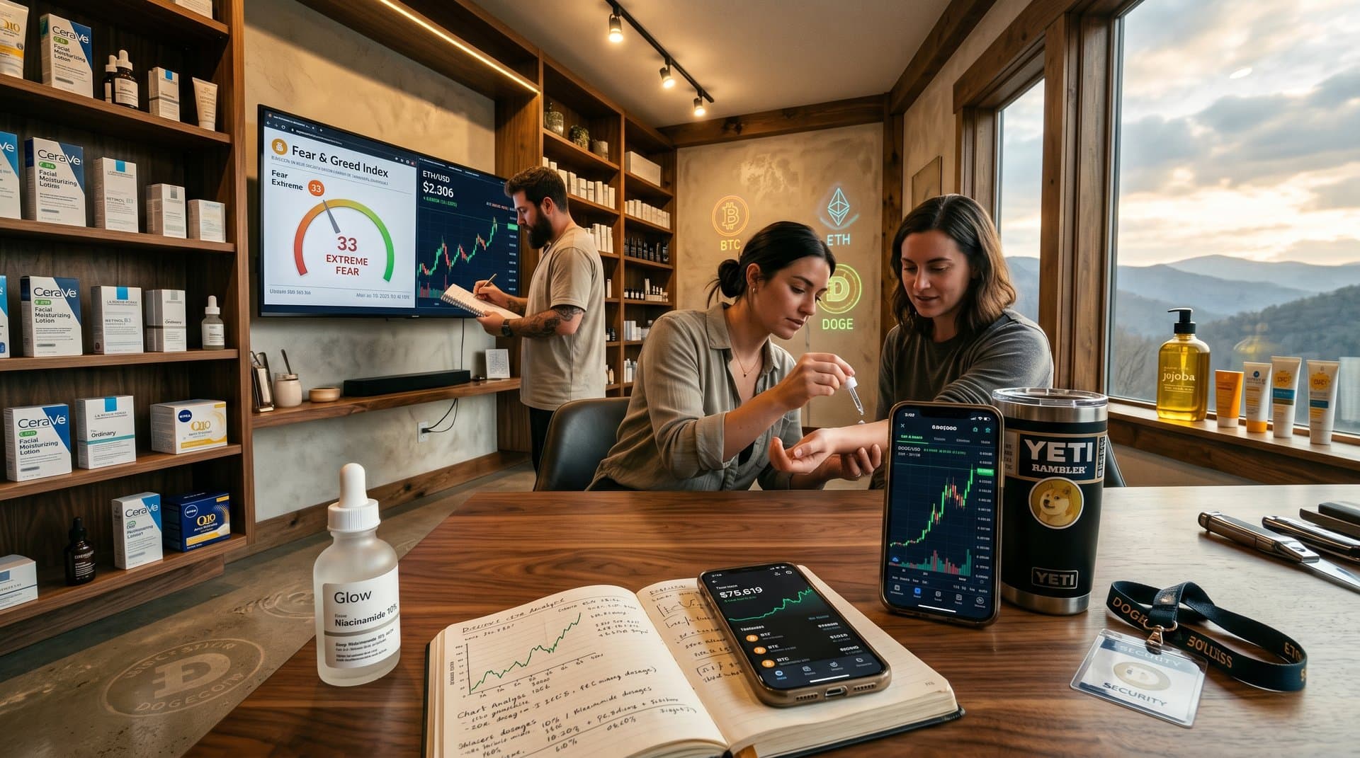 Crypto-inspirierter Beauty-Salon mit Dogecoin-Charts, Niacinamid-Produkten und Pflege-Tools