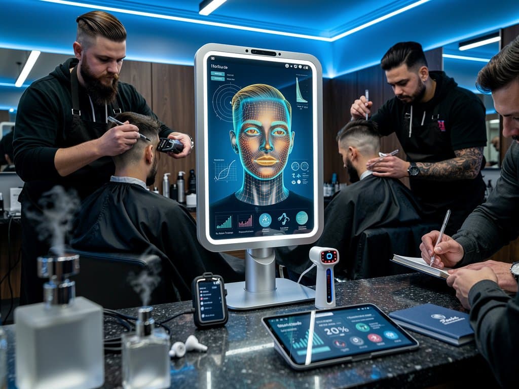 Smart Mirror und Hautscanner in modernem Barber-Shop mit 3D-Analyse und Nivea-Produkten