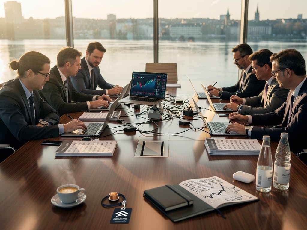 BIS-Konferenzraum mit USDT-Charts bei 1 USD, Fear & Greed 33, MiCA-Timelines und Beauty-Produkten