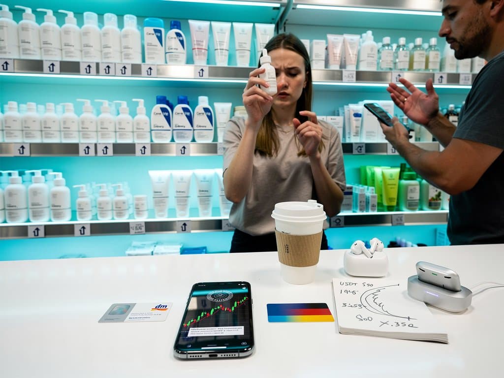 Drogerieregal mit steigenden Pflegepreisen, USDT-Chart und BIS-Warnung