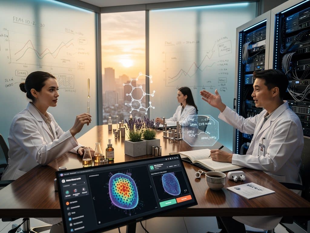 Futuristisches AI-Labor mit Haut-Scan, Serum-Prototypen und USDT 188 Mrd. USD Charts