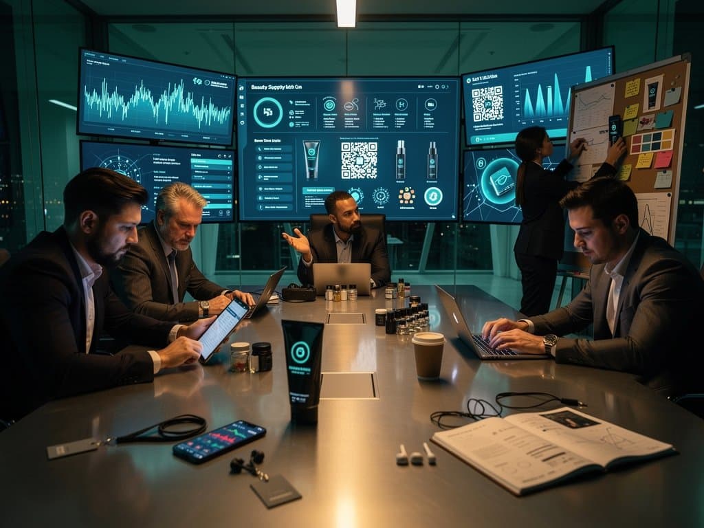 Blockchain-Dashboard mit Beauty-Supply Chains, Krypto-Charts und Grooming-Produkten