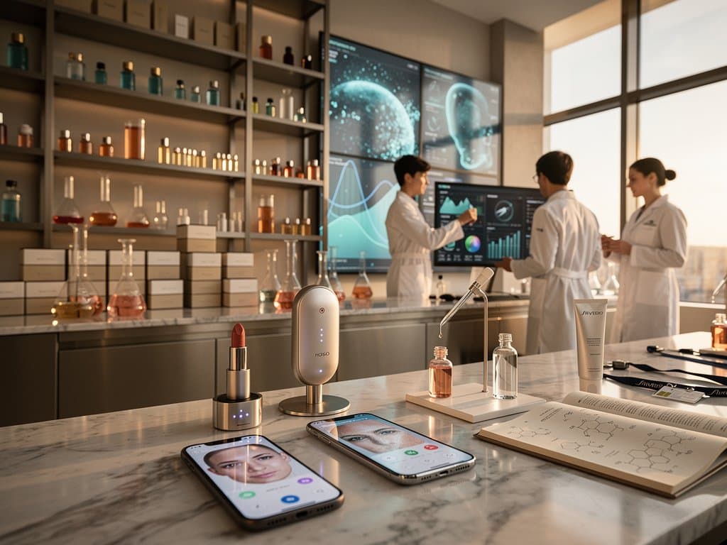 KI-Gerät scannt Haut in Luxus-Beauty-Labor mit personalisierten Seren und Datenvisualisierungen