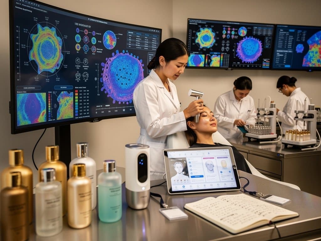 KI-Hautscanner und Formel-Displays in modernem Beauty-Labor mit Seren und Tech-Geräten