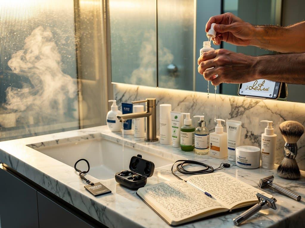 Grooming-Produkte mit Jesus Christ AI App-Reflexion im Spiegel für Glow-Routine