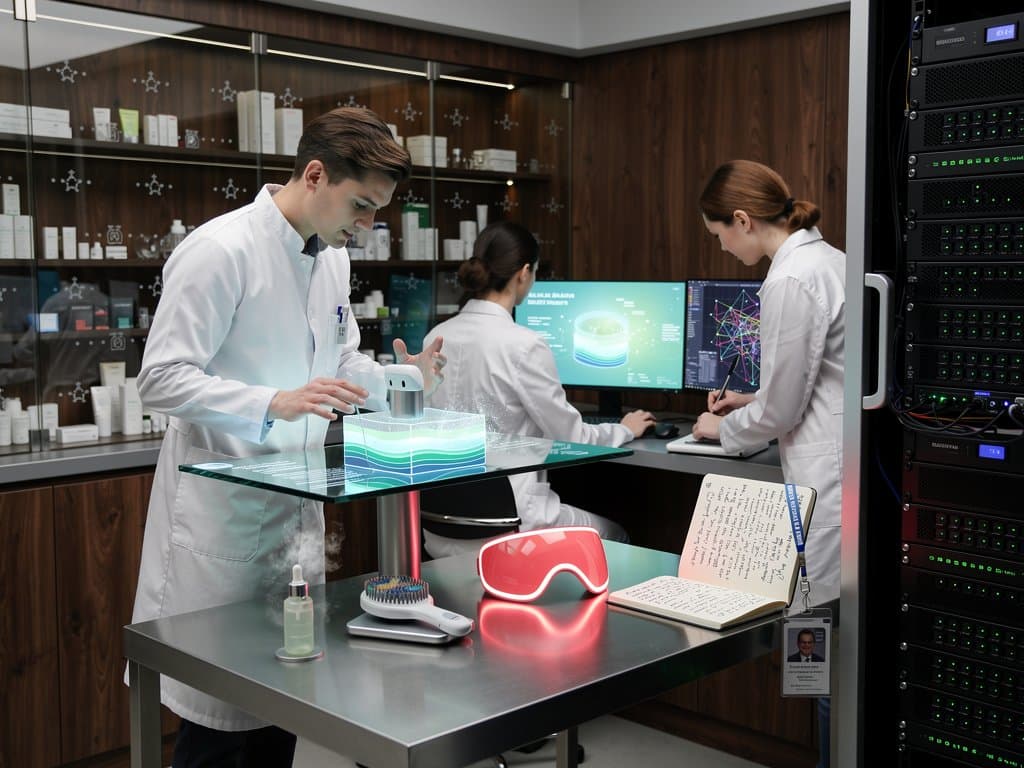 Futuristisches AI-Beauty-Labor mit Skincare-Analyse, INCI-Listen und Grooming-Tools