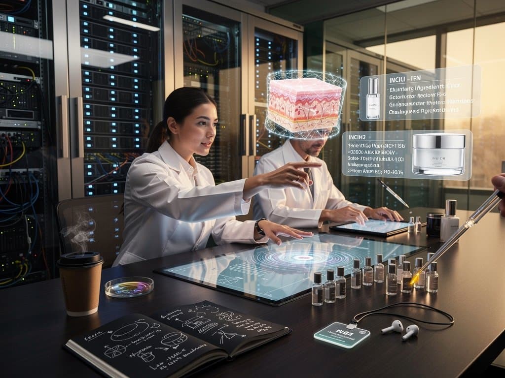 Abstrakte Visualisierung von AI-Hautanalysen in modernem Tech-Labor mit Servern und Datenhologrammen