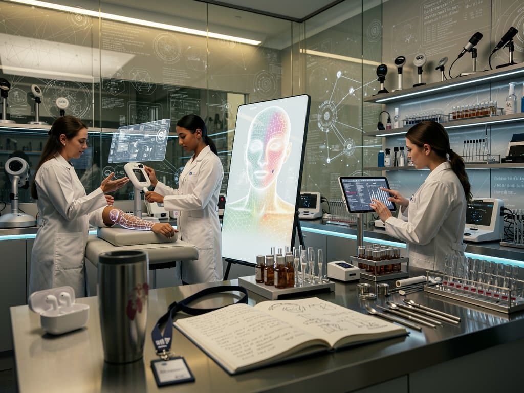 Beauty Tech Labor mit KI-Hautscans, Dermatoskopen und Smart Mirrors in neonblauer Beleuchtung