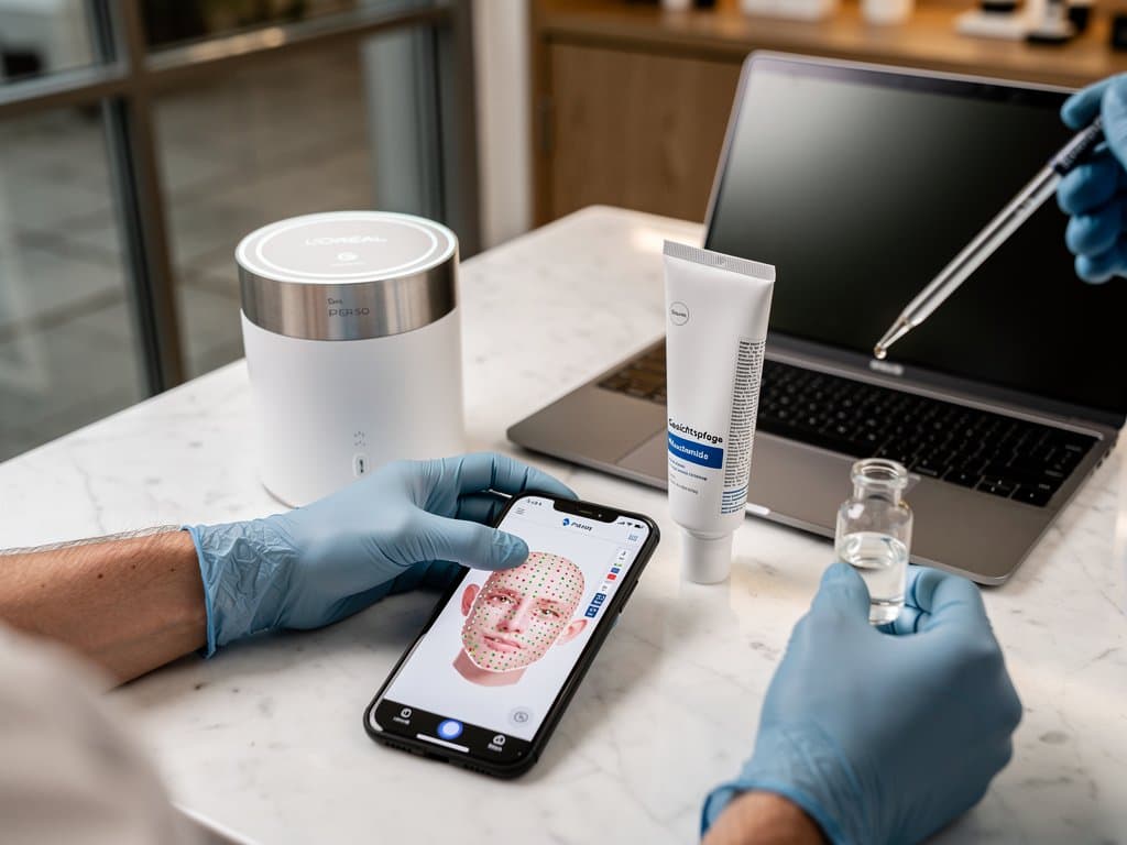 KI-Hautanalyse-App auf Smartphone neben Perso Device und CeraVe Creme