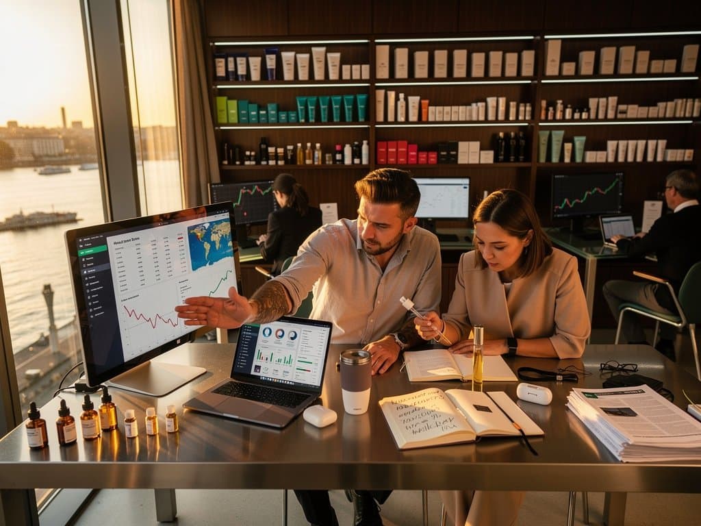 Beauty-Expertin analysiert INCI-Listen und Hormuz-Charts in Berliner Redaktion mit Ölfässern und Crypto-Daten