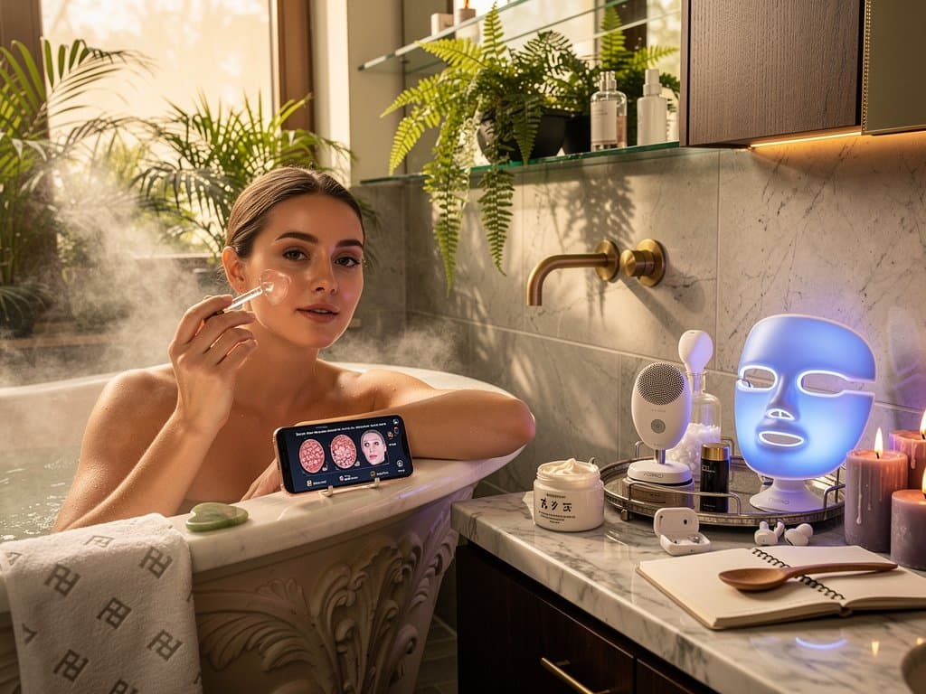 KI-Hautscan-App in Wellness-Bad mit Beauty-Tech-Geräten und Pflegeprodukten